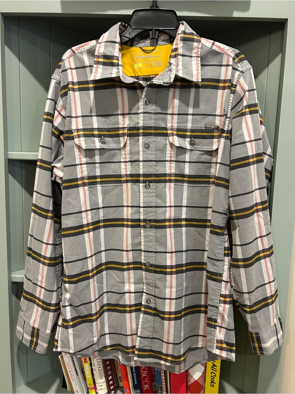 Eddie Bauer Gray Flannel Button-Down Shirt with Yellow Accents